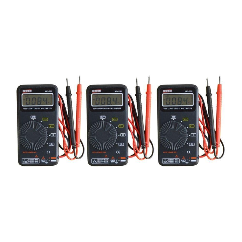 Kit 3 Multímetro Digital Bolso 3/4 Dígitos Cat Ii 500v Tensão Resistência Continuidade Md-550 Portátil Com Estojo