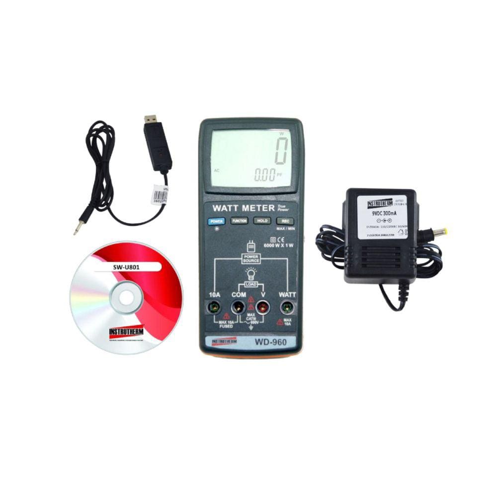 Kit Wattímetro Digital Corrente Tensão Potência Ativa Grandezas Elétricas Wd-960 Portátil Cabo Adaptador Software Pc
