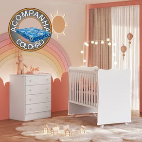 Quarto de Bebê Doce Sonho com Cômoda 777 e Berço Simples 1 c/ Rodízios Qmovi Branco + Colchão Ortobom