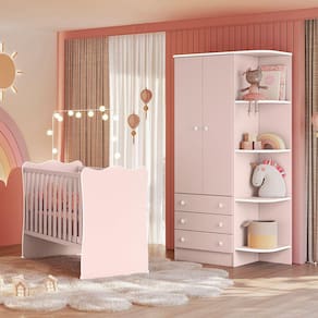 Quarto de Bebê Doce Sonho com Roupeiro 825 e Berço Simples 1 Qmovi Rosa Acetinado