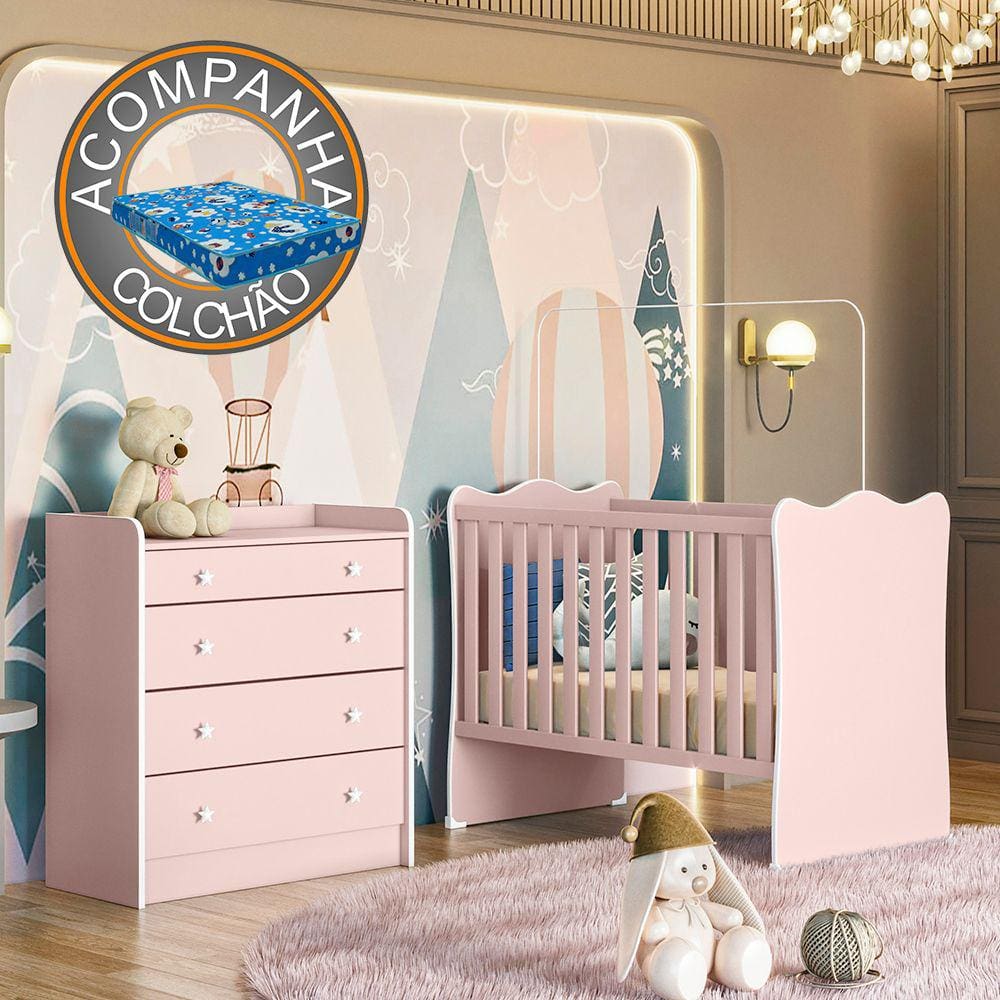Quarto de Bebê Doce Sonho com Cômoda 2523 e Berço Simples 1 Qmovi Rosa Acetinado + Colchão Ortobom