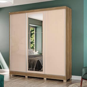 Guarda-Roupa Casal Kappesberg 3 Portas Reversiveis de Correr 3 Espelhos 3 Gavetas Nogueira/Macadâmia