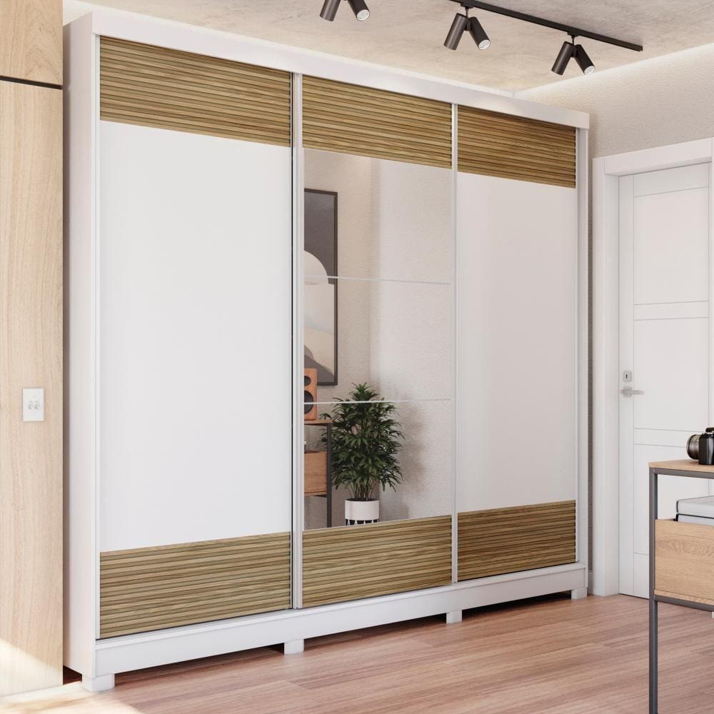 Guarda-Roupa Casal 100% MDF Kappesberg c/Pés e 3 Espelhos 3 Portas de Correr 6 Gavetas Branco/Nogueira