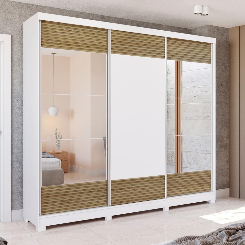 Guarda-Roupa Casal 100% MDF Kappesberg c/Pés e 6 Espelhos 3 Portas de Correr 6 Gavetas Branco/Nogueira