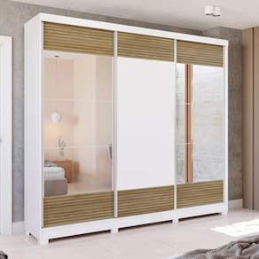 Guarda-Roupa Casal 100% MDF Kappesberg c/Pés e 6 Espelhos 3 Portas de Correr 6 Gavetas Branco/Nogueira