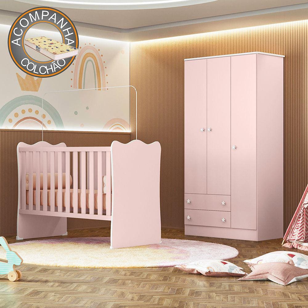 Quarto de Bebê Doce Sonho com Roupeiro 2617 e Berço Simples 1 Qmovi Rosa Acetinado + Colchão Gazin
