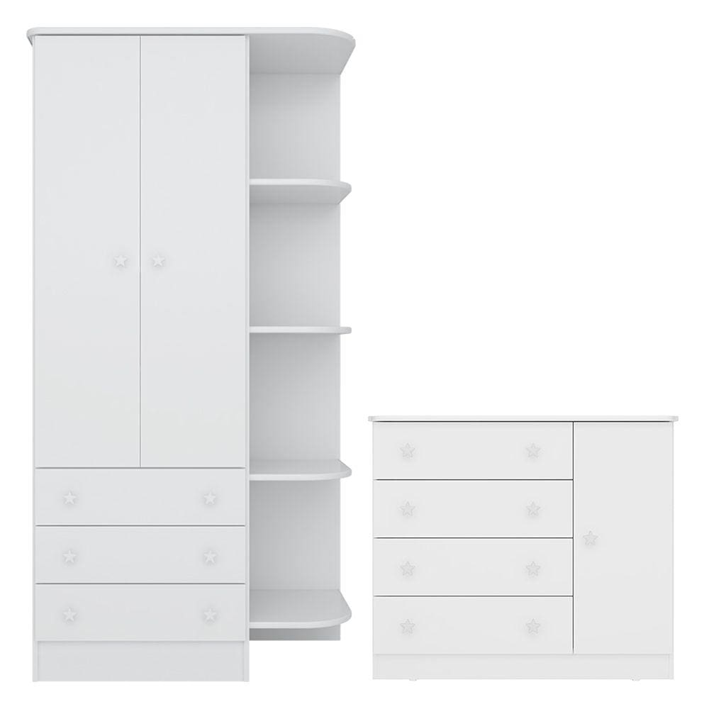 Quarto de Bebê Doce Sonho com Roupeiro 825 e Cômoda Sapateira 2561 Qmovi Branco