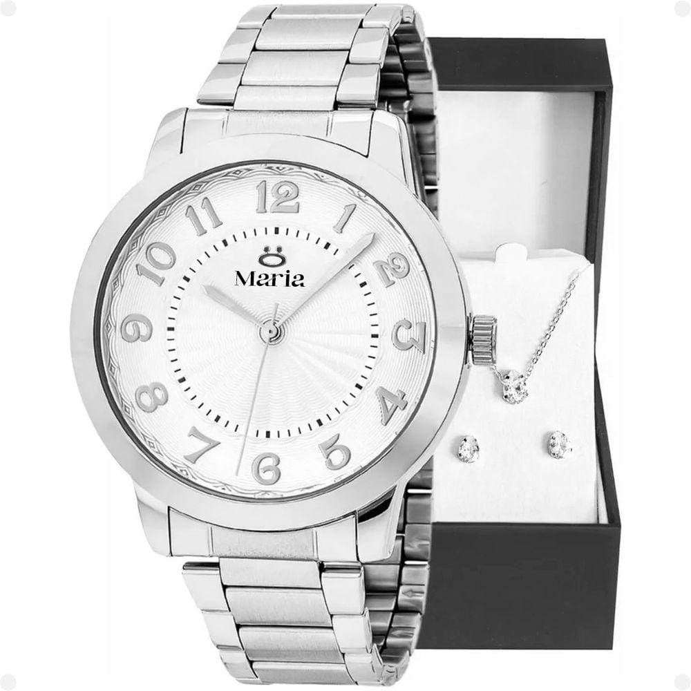 Relogio feminino aço inox + caixa + colar strass moda presente casual ajustavel social