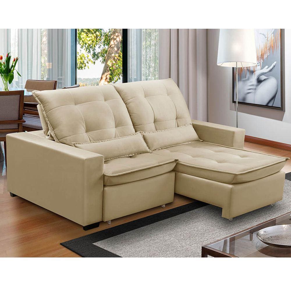 Sofa Retratil Reclinavel 2 Lugares 2,70m Atlantis Veludo Bege LansofBR