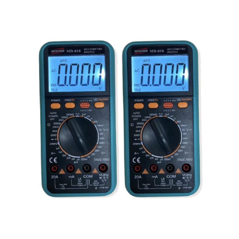 Kit 2 Multímetro Digital True Rms Frequência Cat Iv Capacitância 600v Tensão Corrente Md-810 Portátil Instrutherm Estojo