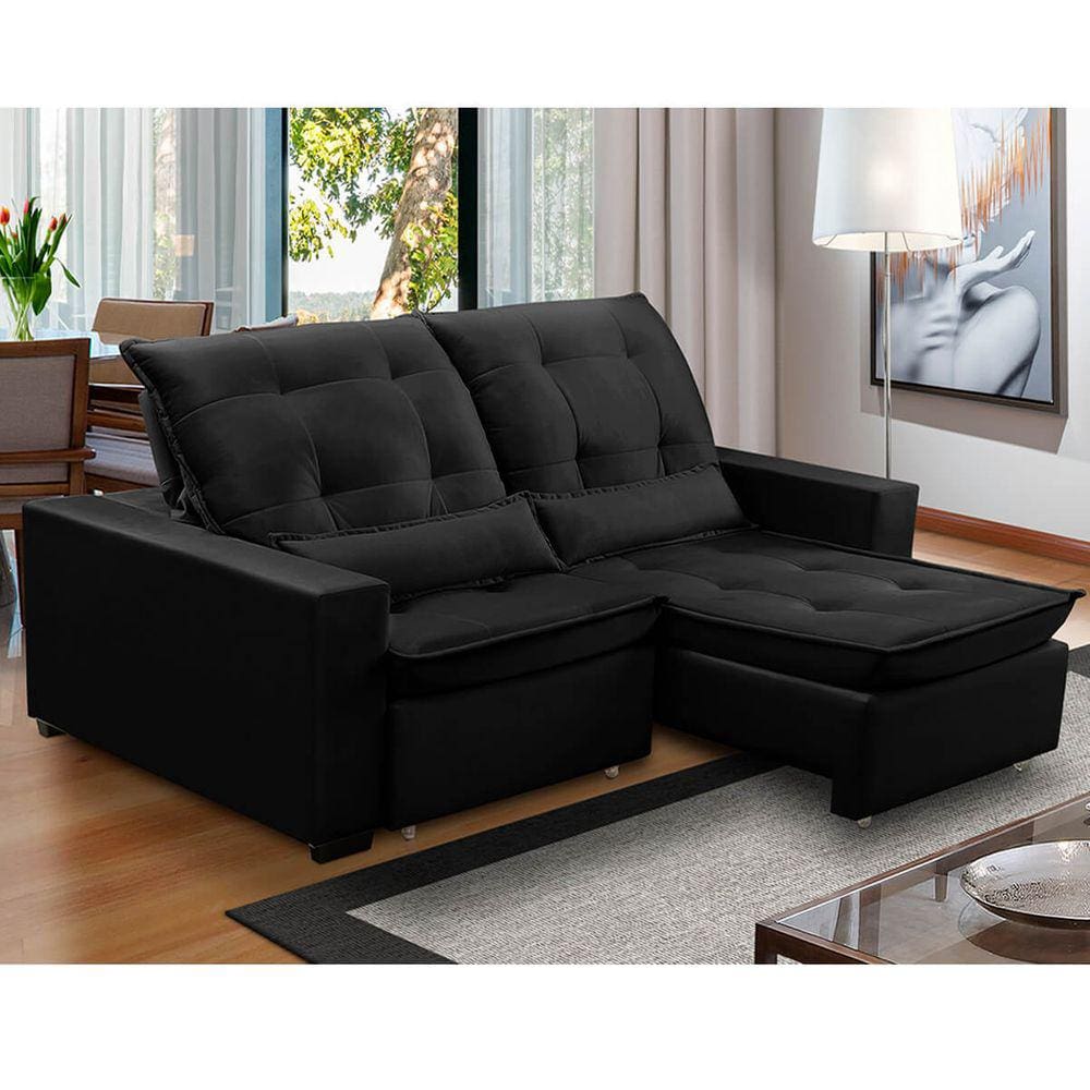 Sofa Retratil Reclinavel 2 Lugares 2,70m Atlantis Veludo Preto LansofBR