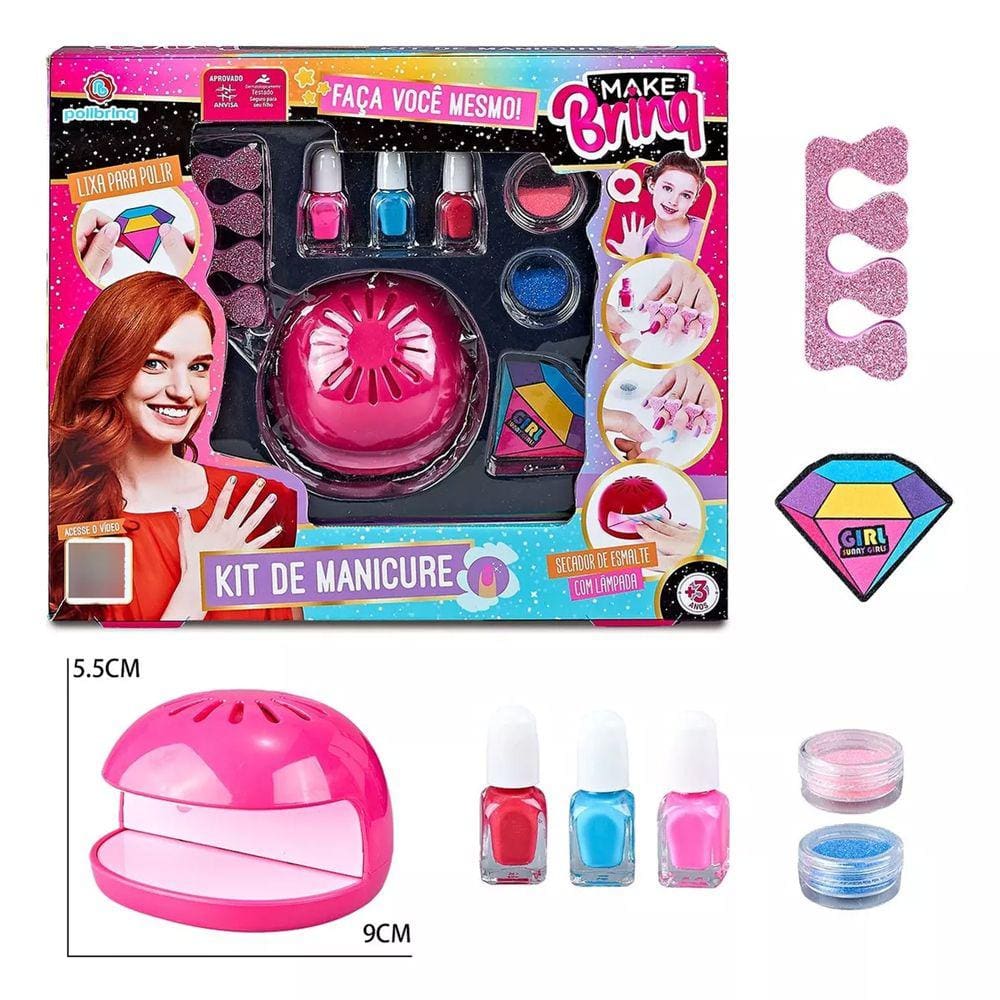 Brinquedo Manicure Menina Esmaltes Lixa Secador Antialérgico Make Brinq