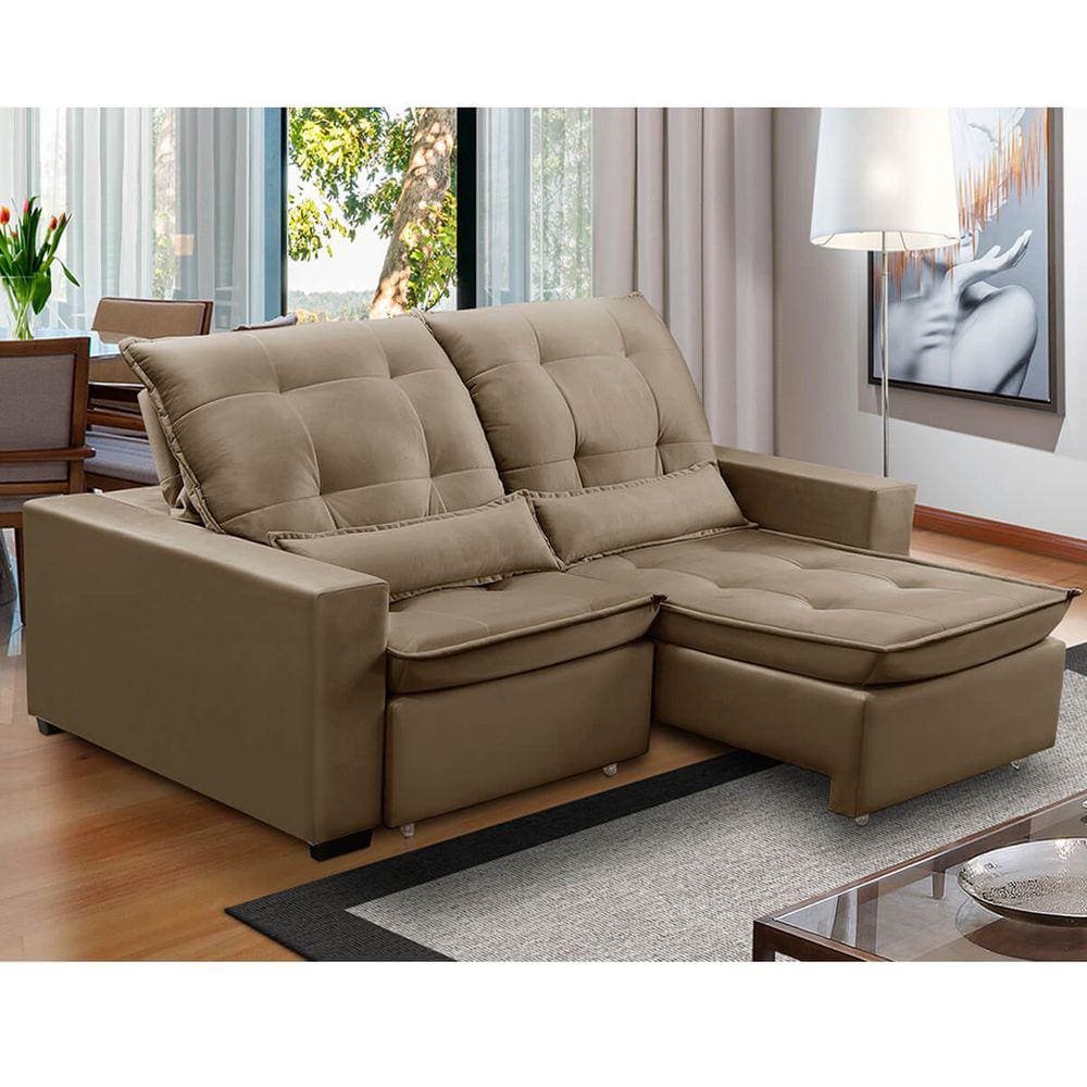 Sofa Retratil Reclinavel 2 Lugares 2,70m Atlantis Veludo Capuccino LansofBR