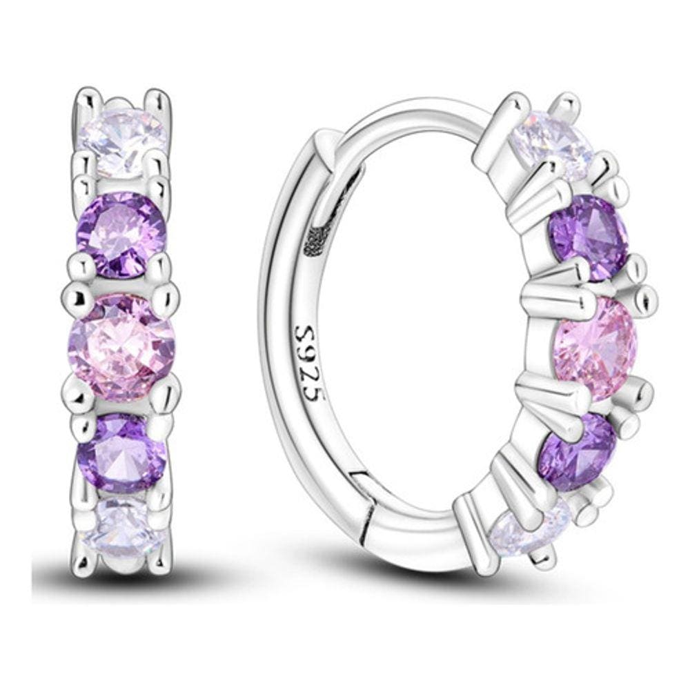 Brinco Argola Zircônias Rosa Lilás Prata 925