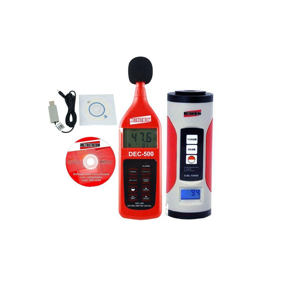 Kit Sonômetro Digital 30 A 130Db Leq Dec-500 Calibrador Acústico Ruído Software Cabo Windows Certificado Calibração