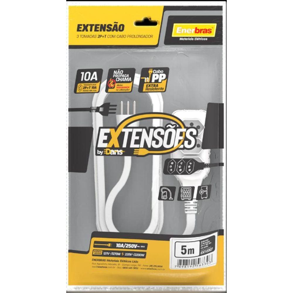 Extensão 3 Tomadas 2P+T 10A Branco 5 Metros Bivolt Enerbras