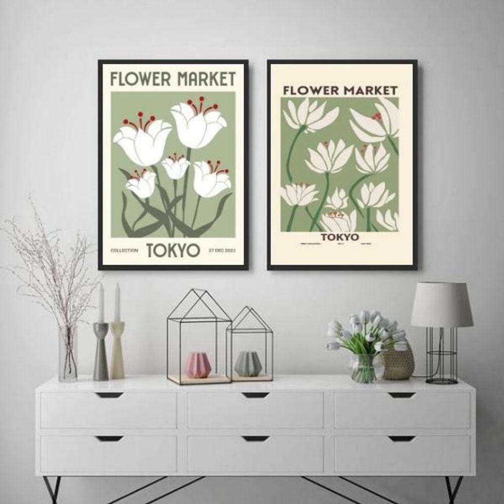 Kit 2 Quadros Decorativos Flower Market Tokyo 45X34Cm Vidro