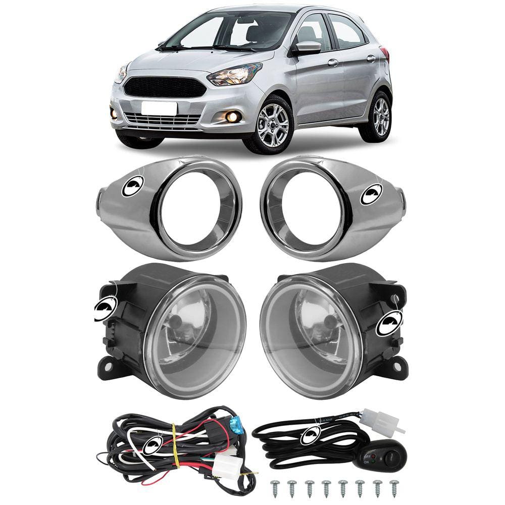 Kit Farol Milha Ka 2015 a 2018 Moldura Cromada Botão Alternativo
