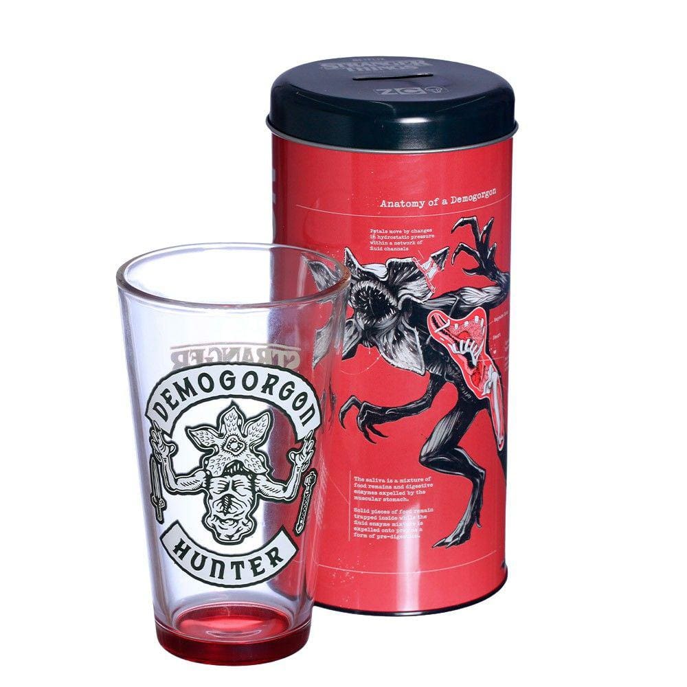 Stranger Things Kit Copo De Vidro 500ml + Cofre Metal Demogorgon Oficial Netflix