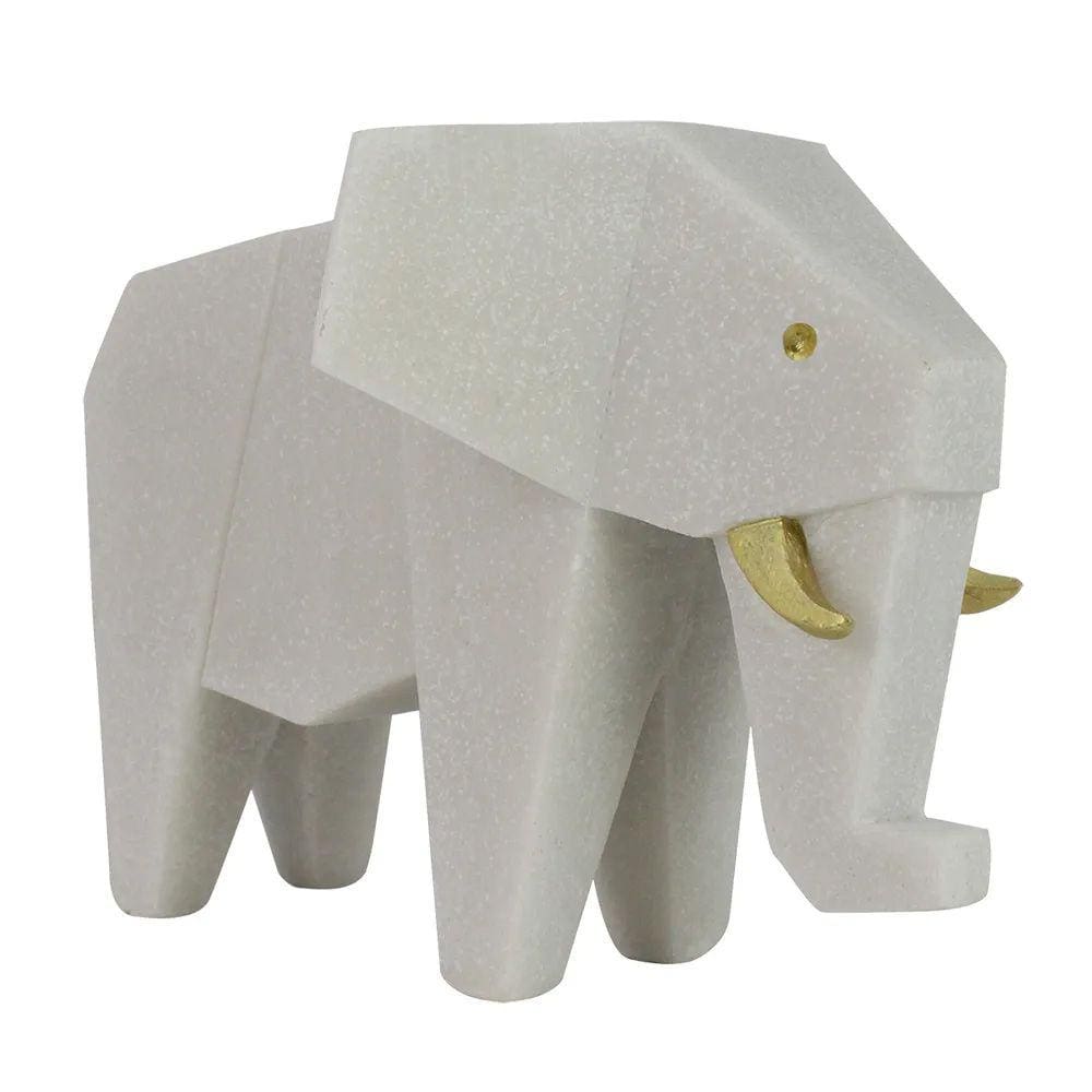 Escultura Decorativa Elefante em Mármore Branco 23cm SS0274 BTC