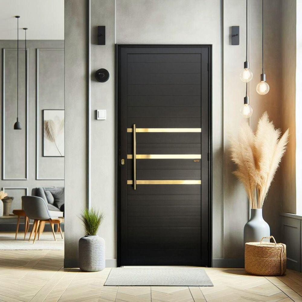 Porta de Aluminio Lambril 210x80cm Frisada com Puxador Super Preto Dourado