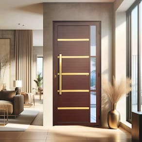 Porta de Aluminio Pivotante Lambril 210x100cm com Puxador Super Miraggio Marrom Corten Dourado