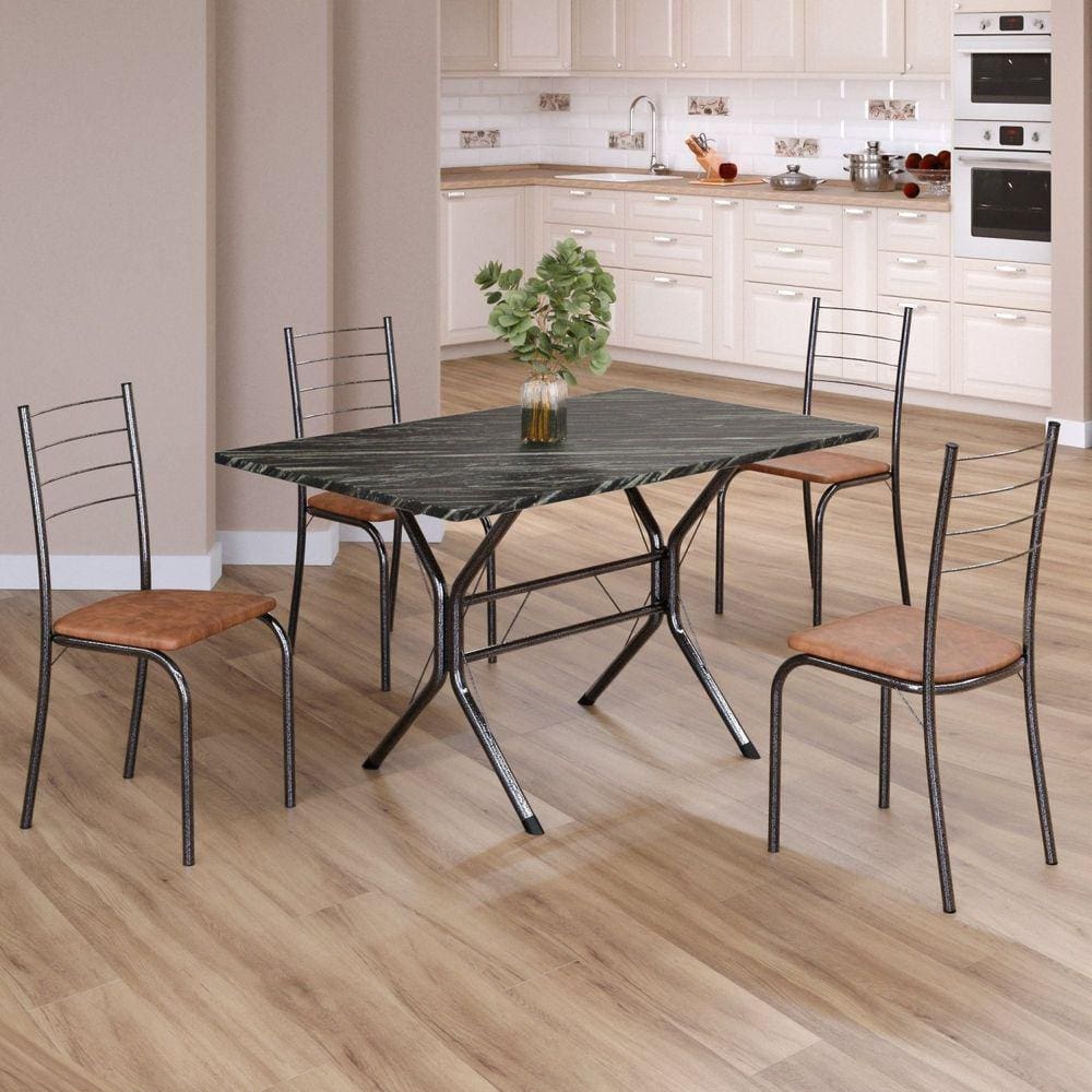 Conjunto Sala de Jantar Mesa Retangular 100x60cm Tampo Ardósia Indiana 4 Cadeiras Rio C. Marrom / Mart Prata