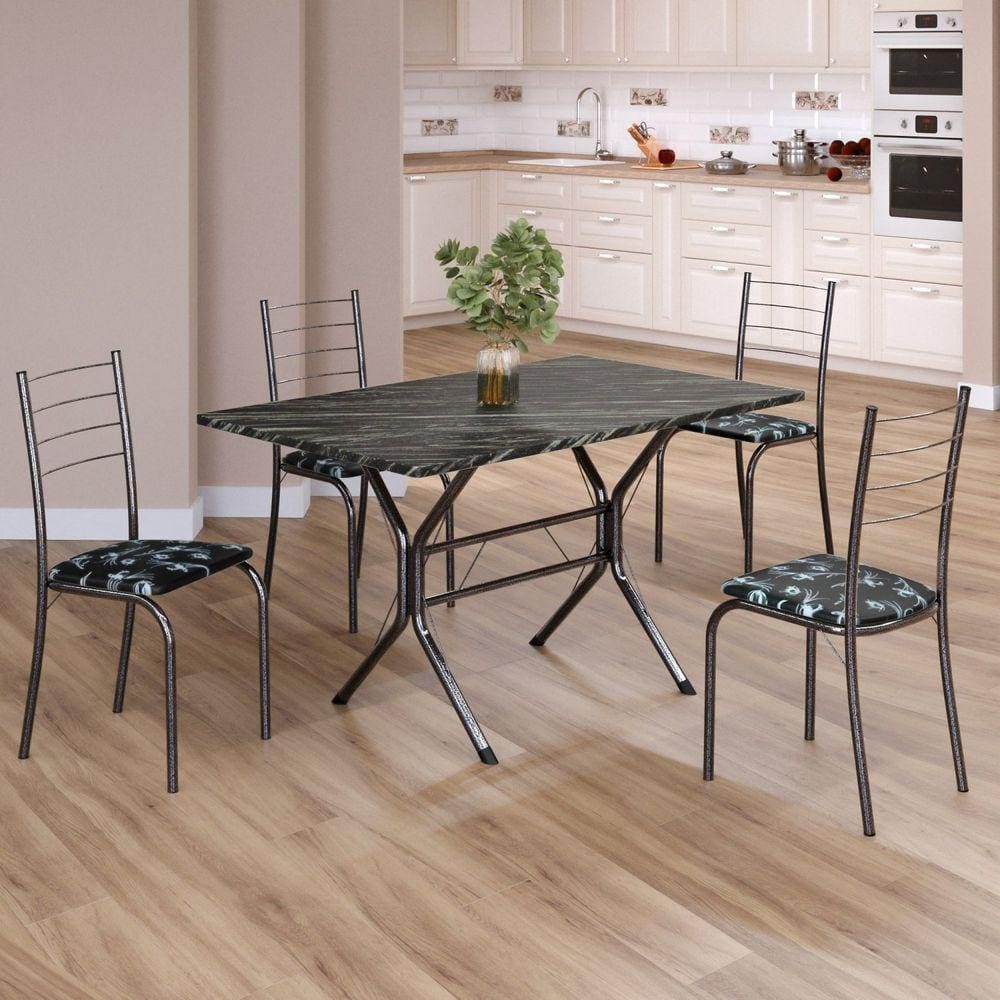 Conjunto Sala de Jantar Mesa Retangular 100x60cm Tampo Ardósia Indiana 4 Cadeiras Rio Preto Floral / Mart Prata