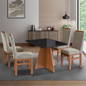 Conjunto Sala de Jantar Mesa 90x120cm Tampo de Vidro com 4 Cadeiras Madeira Maciça Cenela/Preto/Creme
