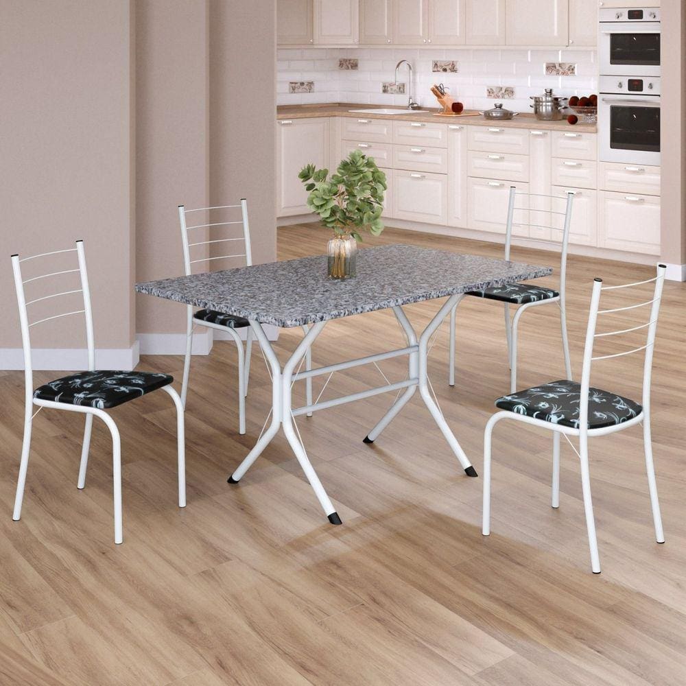 Conjunto Sala de Jantar Mesa Retangular 100x60cm Tampo Granito Ocre 4 Cadeiras Rio Preto Floral / Branco
