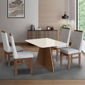 Conjunto Sala de Jantar Mesa 90x120cm T Vidro com 4 Cadeiras Madeira Maciça Marrom/Off White/cinza