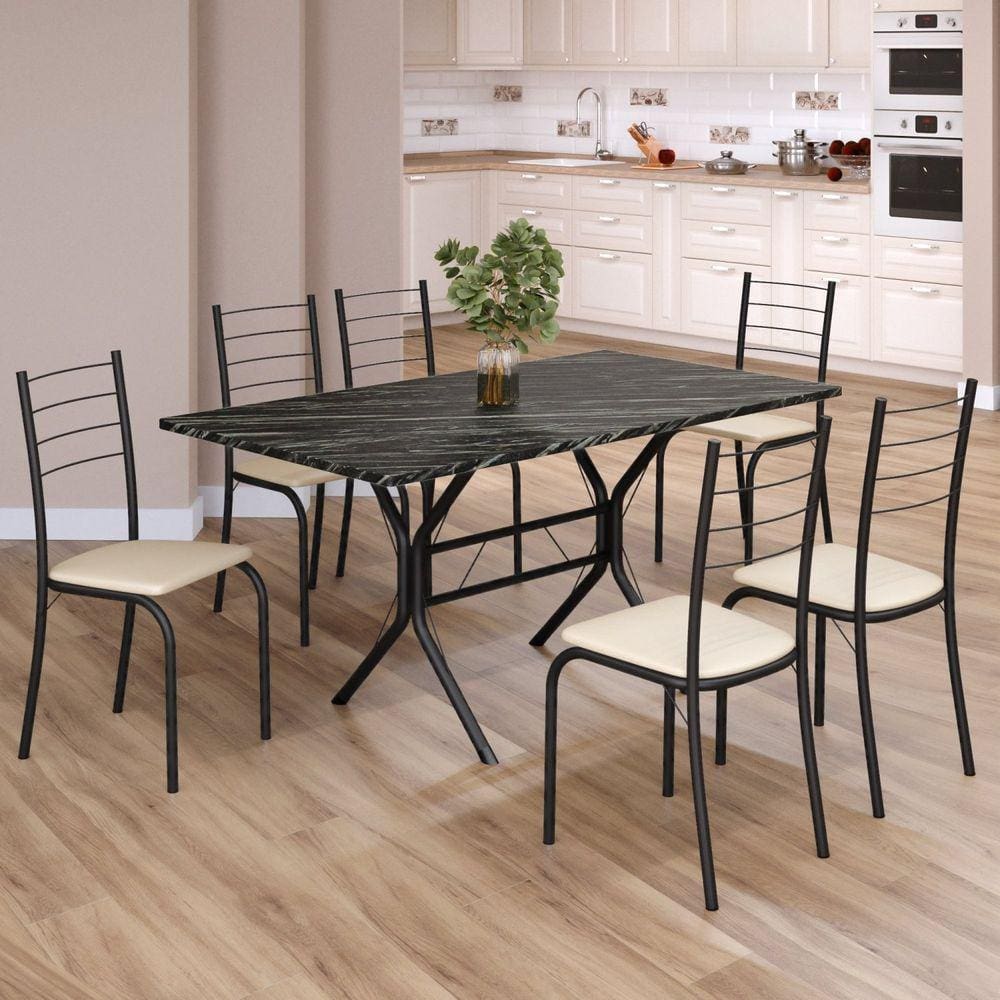 Conjunto Sala de Jantar Mesa Retangular 140x75cm Tampo Ardósia Indiana 6 Cadeiras Rio Creme / Preto Fosco