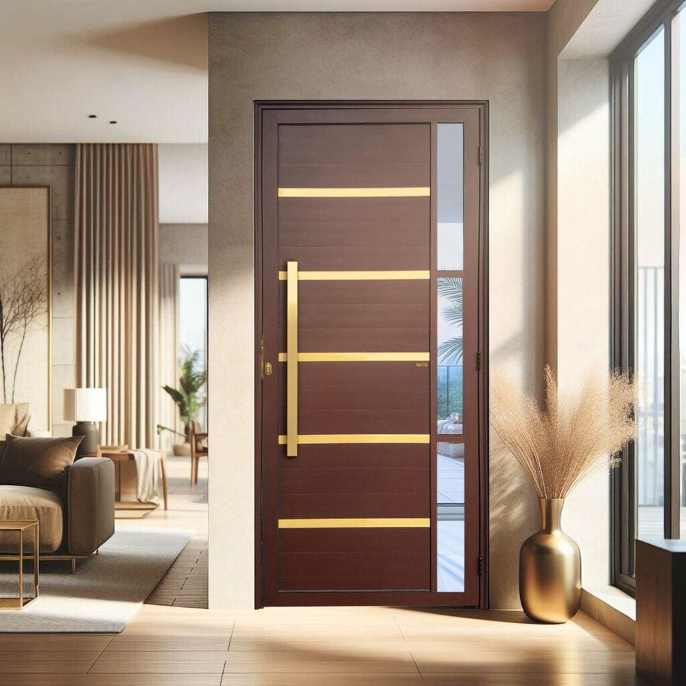 Porta de Aluminio Lambril 210x90cm com Puxador Super Miraggio Marrom Corten Dourado