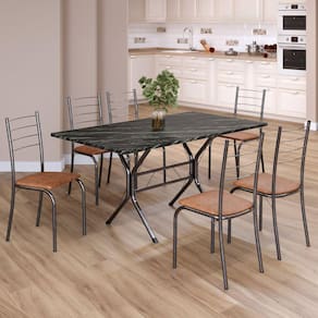 Conjunto Sala de Jantar Mesa Retangular 140x75cm Tampo Ardósia Indiana 6 Cadeiras Rio C. Marrom / Mart Prata
