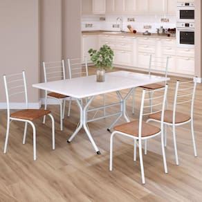 Conjunto Sala de Jantar Mesa Retangular 140x75cm Tampo Madeira Mdp 6 Cadeiras Rio C. Marrom / Branco