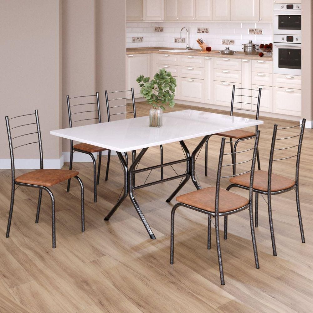 Conjunto Sala de Jantar Mesa Retangular 140x75cm Tampo Madeira Mdp 6 Cadeiras Rio C. Marrom / Mart Prata