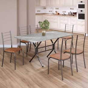 Conjunto Sala de Jantar Mesa Retangular 140x75cm Tampo Granito Topázio 6 Cadeiras Rio C. Marrom / Mart Prata