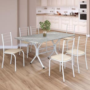Conjunto Sala de Jantar Mesa Retangular 140x75cm Tampo Granito Topázio 6 Cadeiras Rio Creme / Branco