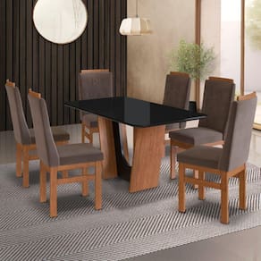 Conjunto Sala de Jantar Mesa 90x160cm T Vidro com 6 Cadeiras Madeira Maciça Tecido Joli Canela/ Preto/ Marrom