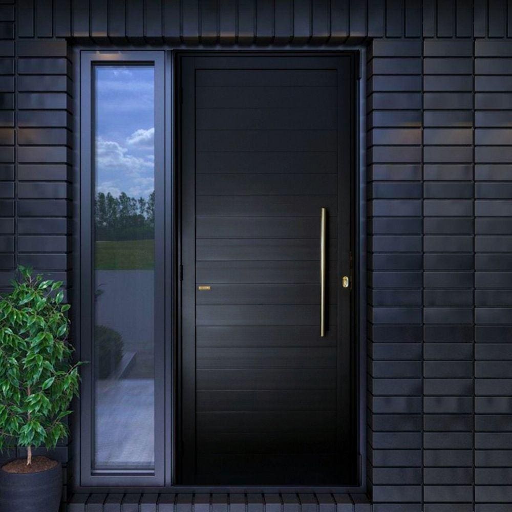 Porta de Aluminio Pivotante Lambril 210x100cm com Puxador Super Preto Dourado