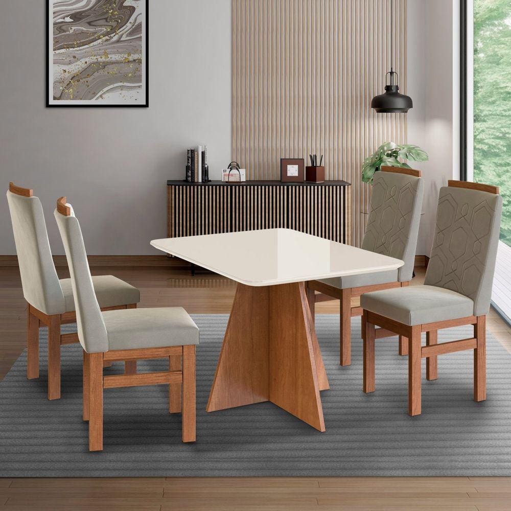 Conjunto Sala de Jantar Mesa 90x120cm Tampo Vidro com 4 Cadeiras Madeira Maciça Canela/Off White