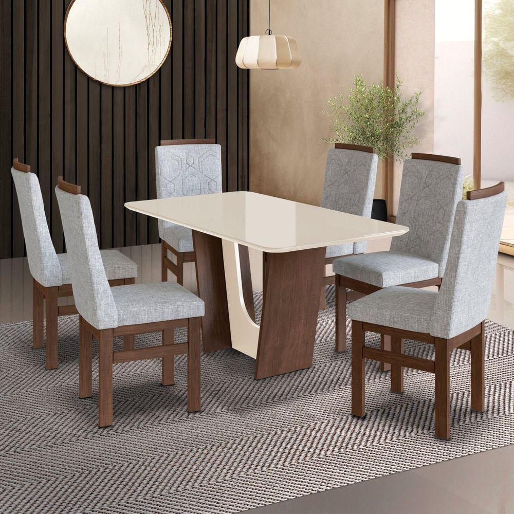 Conjunto Sala de Jantar Mesa 90x160cm T Vidro com 6 Cadeiras Madeira Maciça Tecido Joli Marrom/Off White/cinza