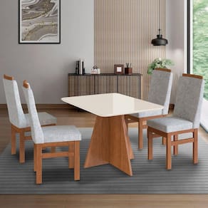Conjunto Sala de Jantar Mesa 90x120cm Tampo Vidro com 4 Cadeiras Madeira Maciça Canela/Cinza/Off White