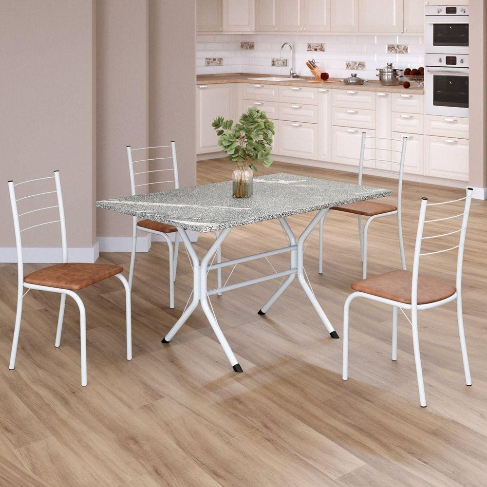 Conjunto Sala de Jantar Mesa Retangular 100x60cm Tampo Granito Topázio 4 Cadeiras Rio C. Marrom / Branco