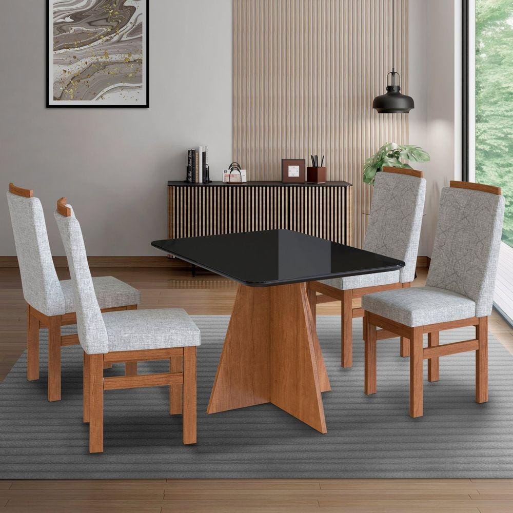 Conjunto Sala de Jantar Mesa 90x120cm Tampo de Vidro com 4 Cadeiras Madeira Maciça Cenela/Preto/Cinza