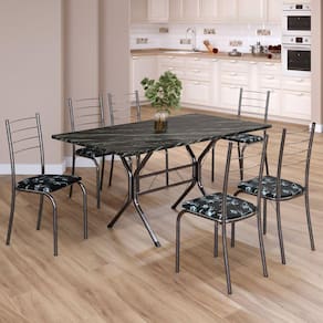 Conjunto Sala de Jantar Mesa Retangular 140x75cm Tampo Ardósia Indiana 6 Cadeiras Rio Preto Floral / Mart Prata