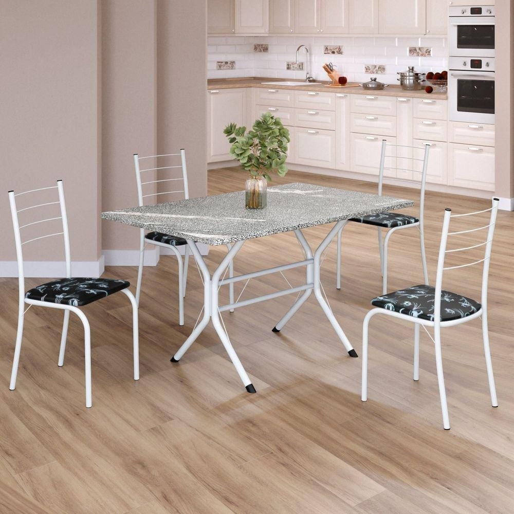 Conjunto Sala de Jantar Mesa Retangular 100x60cm Tampo Granito Topázio 4 Cadeiras Rio Preto Floral / Branco