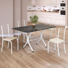 Conjunto Sala de Jantar Mesa Retangular 120x75cm Tampo Ardósia Indiana 4 Cadeiras Rio Creme / Branco