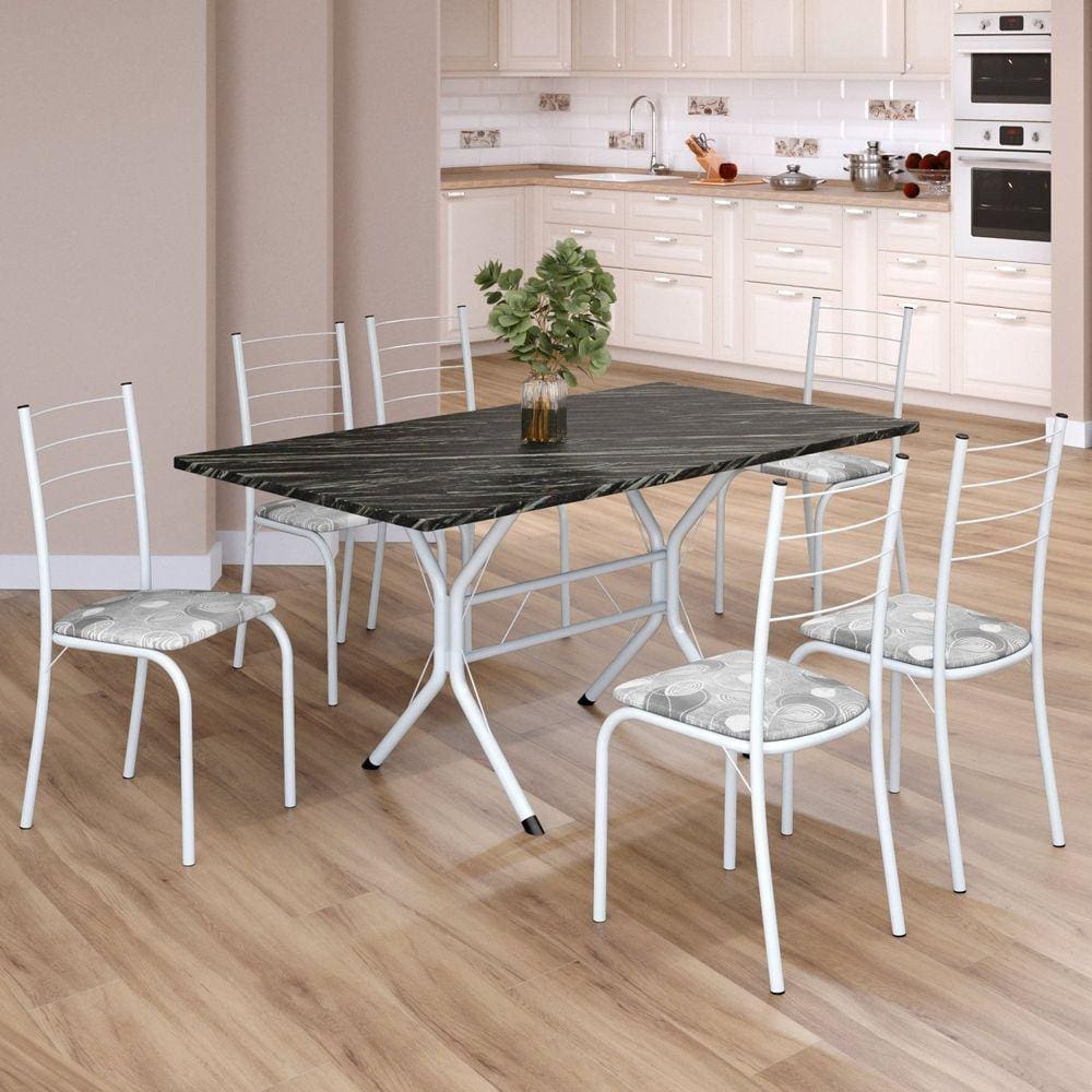 Conjunto Sala de Jantar Mesa Retangular 140x75cm Tampo Ardósia Indiana 6 Cadeiras Rio Paraopeba / Branco