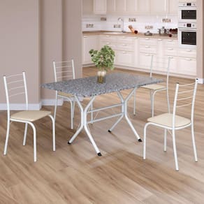 Conjunto Sala de Jantar Mesa Retangular 100x60cm Tampo Granito Ocre 4 Cadeiras Rio Creme / Branco